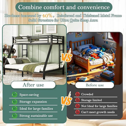 Bunk Beds Twin XL Over Queen, Heavy Duty Bunk Beds with Bottom Space & Guardrail Metal Bunk Bed Frame for Adults Teens Dorm Bedroom Guest Room, No Box Spring Needed（Black）