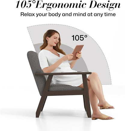 KCC Mid-Century Modern Linen Fabric Accent Chair, Upholstered Leisure Chair Comfy Reading Side Chair with Armrest and Solid Wood Frame for Living Room Bedroom Balcony(Gray)