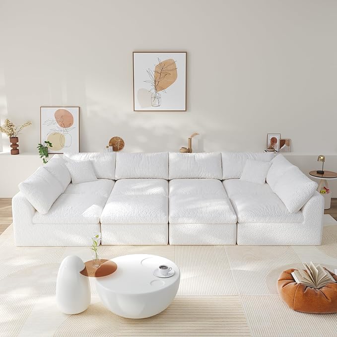 Boneless Cloud Couch Modular Sectional Sofa with Deep Seat for Living Room, L Shape Couch with Ottoman, Snowflake Cloth and 40D Memory Sponge，2 Throw Pillows (White, 6 Seater+2 Ottoman)
