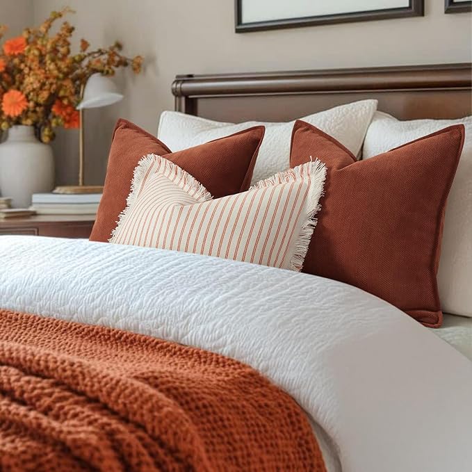 ZWJD Rust Throw Pillow Covers 12x20 Set of 2 Chenille Fall Pillow Covers with Elegant Design Soft and Luxurious Decorative Throw Pillows for Couch, Bed, and Home Decor