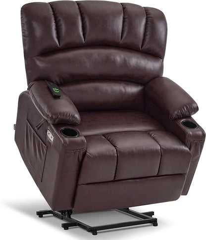 MCombo Power Lift Recliner Chair for Elderly, Lift Chair with Heat and Massage, Extra Wide Lift Recliner for Big People, Faux Leather R7096 (Medium-Wide, Dark Brown)