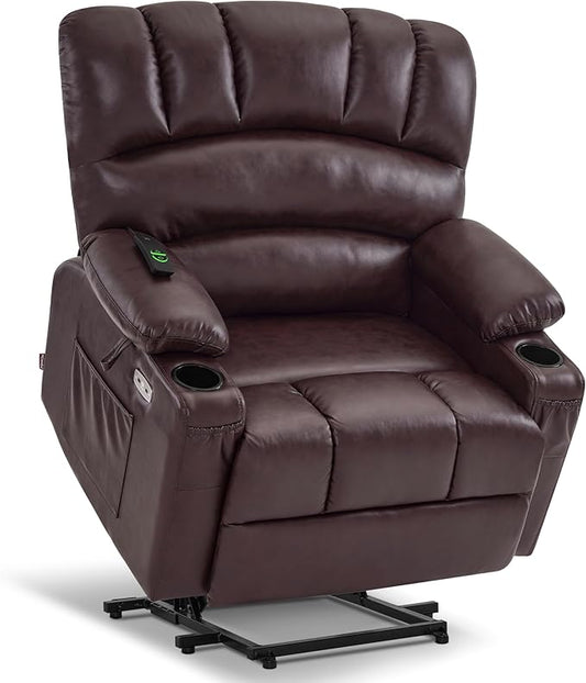MCombo Power Lift Recliner Chair for Elderly, Lift Chair with Heat and Massage, Extra Wide Lift Recliner for Big People, Faux Leather R7096 (Medium-Wide, Dark Brown)