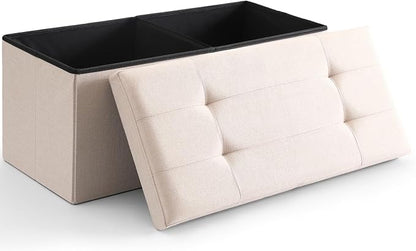 CUYOCA Storage Ottoman Bench Foldable Seat Footrest End of Bed Ottoman with Flipping Lid for Living Room, 75L, 30 inches Linen Fabric Beige