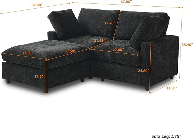 WJShome Sectional Couches for Living Room, 67 Inch Loveseat Sofa with Ottoman, Modern Chenille Fabric & Double Layer Cushions, Modular Couch for Apartment/Bedroom，Black