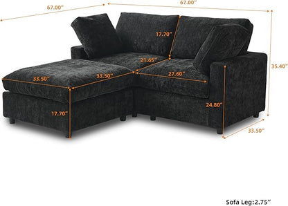 WJShome Sectional Couches for Living Room, 67 Inch Loveseat Sofa with Ottoman, Modern Chenille Fabric & Double Layer Cushions, Modular Couch for Apartment/Bedroom，Black