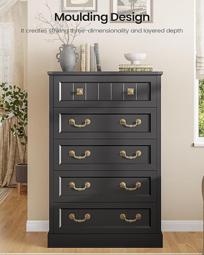 AOGLLATI Farmhouse 5 Drawers Dresser for Bedroom, 48” Tall Wood Rustic Chest of Drawers with Natural Texture, Vintage Design, Black Storage Dresser for Bedroom, Black