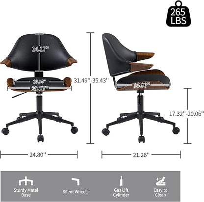 Art Leon Swivel Desk Chair, Mid Century Modern Office Chair with Wheels, Faux Leather Upholstered Arm Chair, Adjustable Height Task Chair with Metal Base, Black