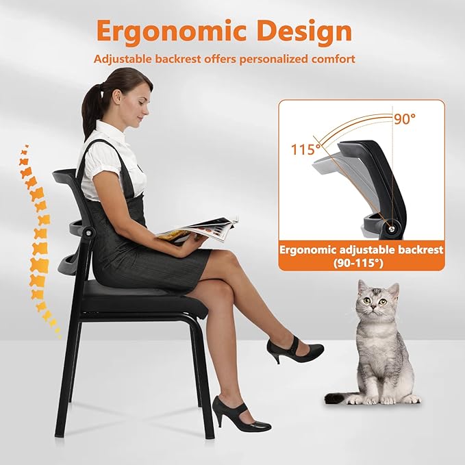 CLATINA Stackable Waiting Room Chair with Adjustable Mesh Backrest, Armless Office Guest Reception Chairs with Leather Cushion and Ergonomic Lumbar Support for Conference Lobby Side School, 8PK, Black