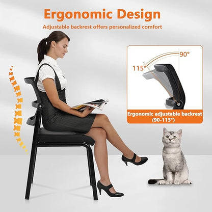CLATINA Stackable Waiting Room Chair with Adjustable Mesh Backrest, Armless Office Guest Reception Chairs with Leather Cushion and Ergonomic Lumbar Support for Conference Lobby Side School, 8PK, Black