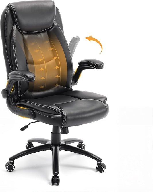 Ergonomic PU Leather Office Chair with Flip-Up Armrests, Reclining Backrest, Adjustable Height & Tilt Tension, Thick Padded Seat, Breathable Leather, 300LBS Capacity Executive Desk Chair,Black