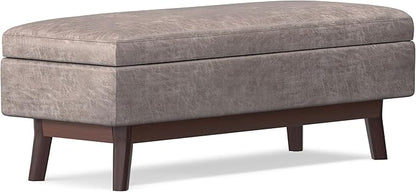 SIMPLIHOME Owen 48 inch Wide Mid Century Modern Rectangle Rectangular Storage Ottoman in Distressed Grey Taupe Vegan Faux Leather, Assembled, for the Living Room, Entryway and Family Room
