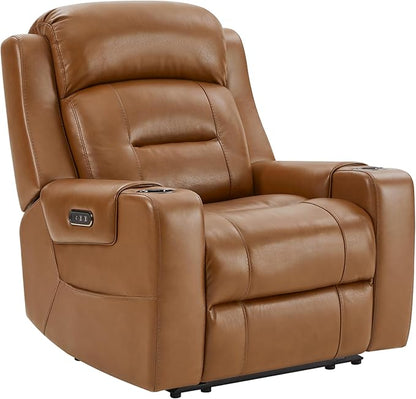 Watson & Whitely Oversized Genuine Leather Power Recliner Chairs for Big and Tall, Extra Wide Lay Flat Recliner with Power Headrest & Cup Holders, Electric Reclining Sofa for Living Room, Saddle