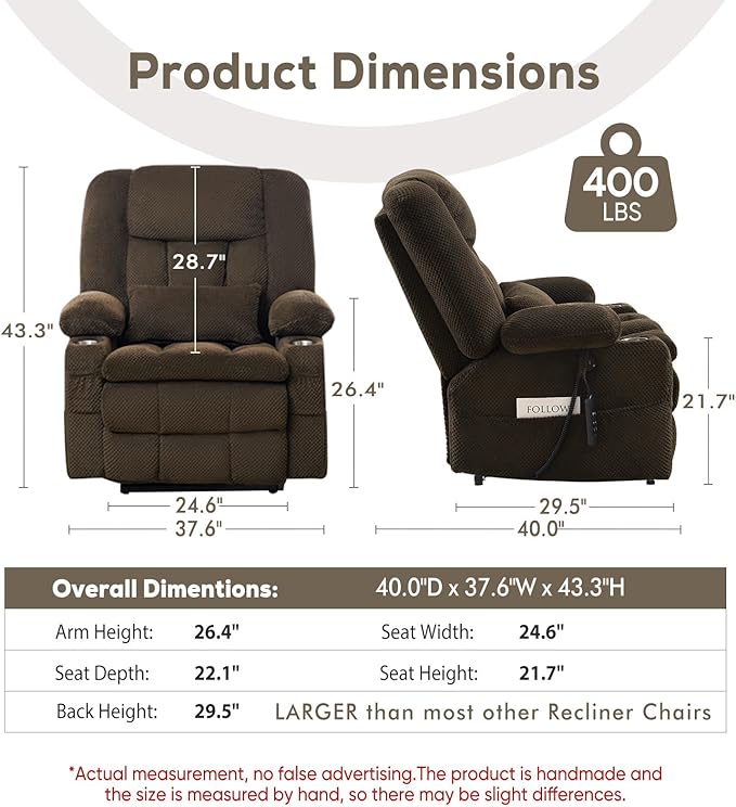 ABCASA Oversized Dual Motor Lay Flat Power Lift Recliner Chair, Massage Recliner with Heat for Living Room, Lumbar Pillow, USB & Type-C Ports, Oversized Recliner for Elderly & Big People - Brown