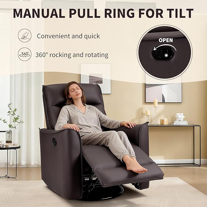 CANMOV Swivel Rocker Recliner Set of 2, Glider Rocking Chair, Nursing Chairs Swivel Glider Recliners with Soft Backrest, Leathaire Manual Reclining Sofa for Living Room Bedroom Apartment, Dark Brown