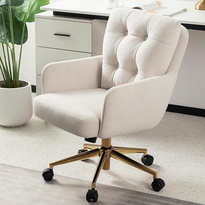 Plush Fabric Office Chair Vanity Chair Comfy Home Office Desk Chairs with Lumbar Support, Modern Plush Fabric Desk Gold Legs Swivel Task for Home Office Bedroom Study White Upgraded Version