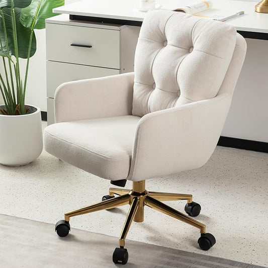 Plush Fabric Office Chair Vanity Chair Comfy Home Office Desk Chairs with Lumbar Support, Modern Plush Fabric Desk Gold Legs Swivel Task for Home Office Bedroom Study White Upgraded Version
