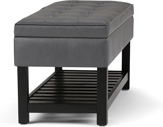 SIMPLIHOME Cosmopolitan 44 inch Wide Transitional Rectangle Storage Ottoman Bench with Open Bottom in Stone Grey Vegan Faux Leather, Assembled for the Living Room and Bedroom