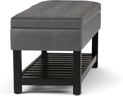 SIMPLIHOME Cosmopolitan 44 inch Wide Transitional Rectangle Storage Ottoman Bench with Open Bottom in Stone Grey Vegan Faux Leather, Assembled for the Living Room and Bedroom