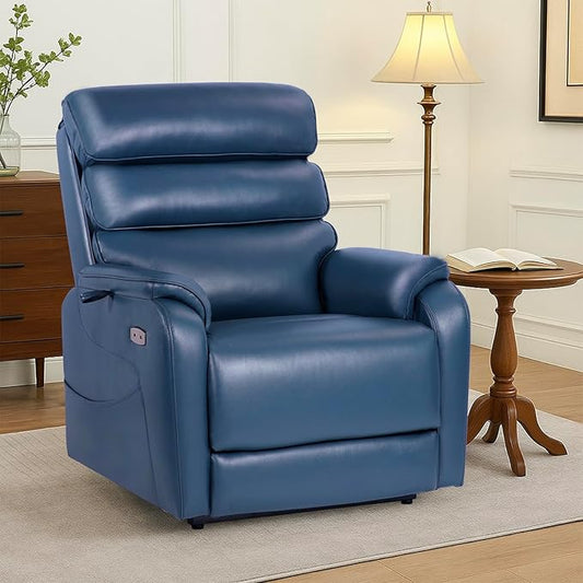 EONIX Dual Motor Lay Flat Power Lift Recliner Chair for Elderly, Electric Faux Leather Lift Chairs for Adults, 400lbs Heavy Duty Power Recliner Lift Sofa with Heat and Massage, Navy Blue