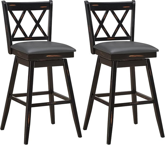 COSTWAY Bar Stool Set of 2, 360 ° Swivel Bar Height 29.5 inch Bar Stool with Foot Rest Upholstered Cushion & Ergonomic Backrest, Sturdy Frame, for Pub, Restaurant, Home (2, Black + Grey)