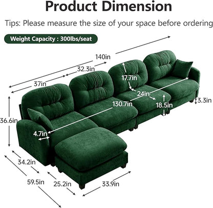 140" L Shaped Sofa for Living Room, Comfy Chenille Fabric Cloud Sectional Couch, Modern Upholstered Deep Seat Sofa with Pillow and Movable Ottoman, Oversized 4 Seater Sectional Sofa, Green