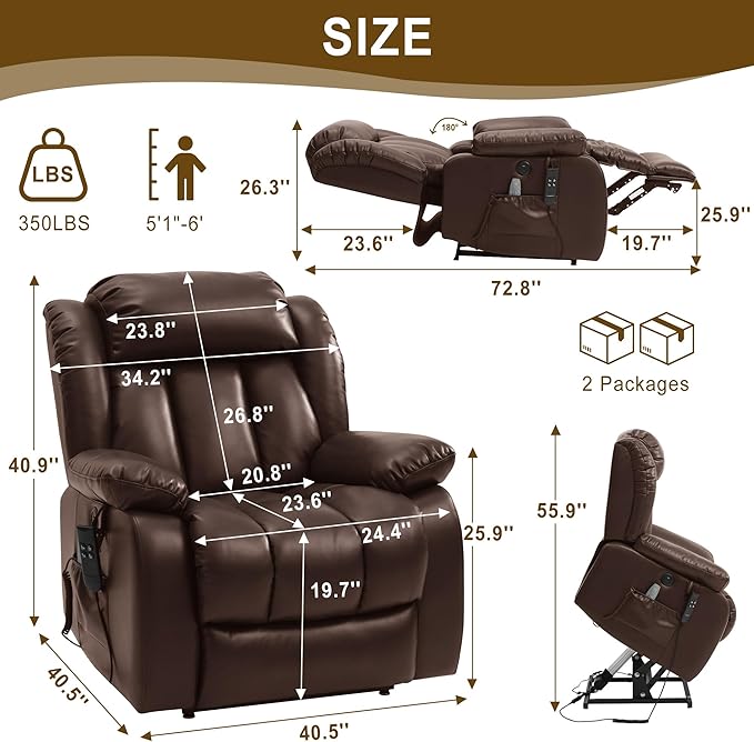 Dual Motor Large Power Lift Recliner Chair for Elderly with Heat and Massage,Lay Flat Lift Chairs Recliners for Seniors Infinite Position,USB Ports&Remote, Leather (Ochre) (Brown, Medium)