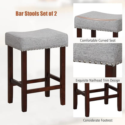 COSTWAY Counter Height Bar Stools Set of 2, 25-inch Backless Saddle Stools with Nailhead Trim, Rubber Wood Frame, Footrest, Max Load 330 Lbs, Upholstered Barstools for Kitchen Island Pub, Grey