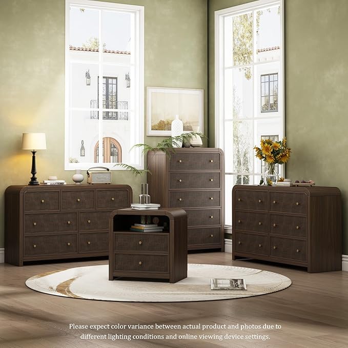 Oak&Sparrow 5 Drawer Tall Dresser for Bedroom, 47'' Rattan Dresser with Ample Storage, Boho Chest of Drawers, Thickened Curved Profile Design, Dark Walnut Dressers for Bedroom, Living Room