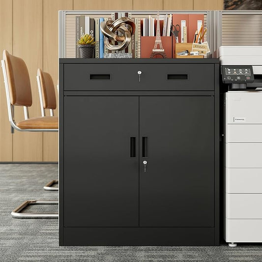 BESFUR 36" H Metal Cabinet with Lockable Drawer and 2 Lockable Doors, Black Locking Cabinet with Adjustable Shelf, Lockable Storage Cabinet for Home Office, Garage,School, Warehouse, Utility Room