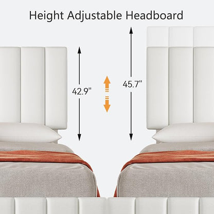 Garvee Queen Size Bed Frame with 4 Storage Drawers, Adjustable Height Headboard, Linen Upholstered Platform Bed Frame, No Box Spring Needed, Easy Assembly, White