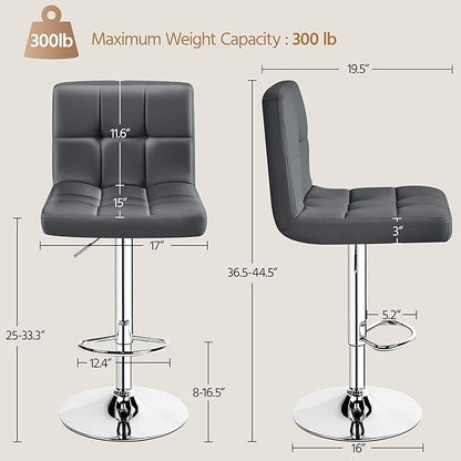 Yaheetech 2 Pack Bar Stools with Backrest, Adjustable Height 25"-36" Swivel Counter Stools, PU Leather Kitchen Barstools with Footrest for Kitchen Island, Dining Room, Gray