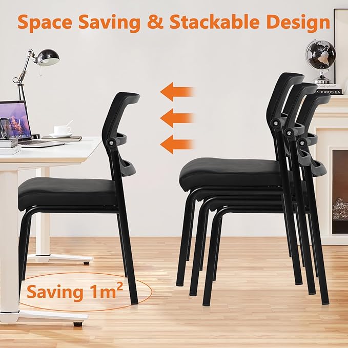 CLATINA Stackable Waiting Room Chair with Adjustable Mesh Backrest, Armless Office Guest Reception Chairs with Leather Cushion and Ergonomic Lumbar Support for Conference Lobby Side School, 8PK, Black