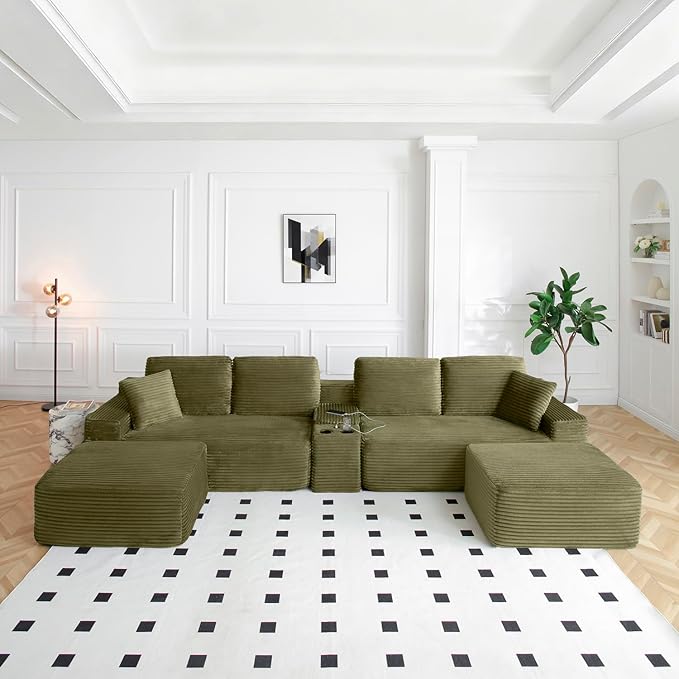 150" Oversized Modular Sectional Sofa,Deep Seat Cloud Corduroy Boneless Couch with Cup Holders,USB Ports, Wireless Charging & Storage Box,Upholstered Modular Sleeper Sofa for Living Room (Green)