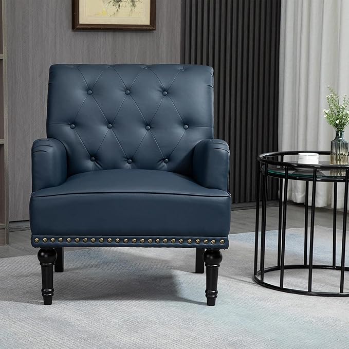 MOJAY Faux Leather Accent Chair Set of 2, Mid-Century Modern Living Room Chair Lounge Study Sofa Chair with Sturdy Wood Legs, Club Chair Armchair for Bedroom Home Study Reception (DarkBlue)