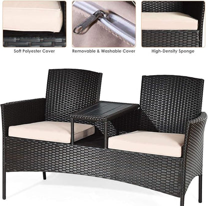 COSTWAY 2-Seat Patio Conversation Sets, Outdoor Patio Loveseat Set with Removable Cushions & Built-in Coffee Table for Backyard, Garden, Lawn, Balcony, Brown+Beige