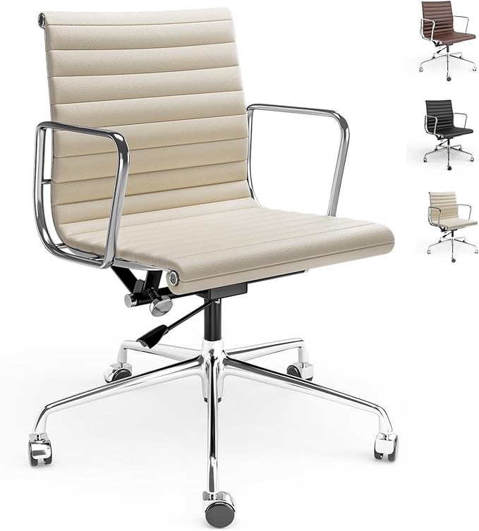 Mid Back Genuine Leather Ribbed Office Chair-Ergonomic Desk Chair with Aluminum Alloy Armrest & Frame, Swivel Silent Wheels & Tilt Function, Adjustable Height
