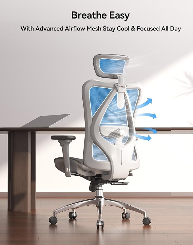 SIHOO M57 Ergonomic Mesh Office Chair, High Back Home Desk Chair with 3D Armrests, Lumbar Support and Adjustable Headrest, Comfortable Computer Chair, Big & Tall Office Chair Hold 330 LBS-Light Grey