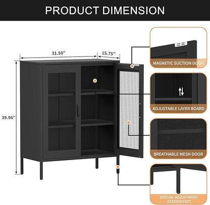 Black Metal Storage Cabinet with Mesh Doors, Small Office Storage Locker with 2 Adjustable Shelves, Accent Metal Locker Cabinet for Home, Office, Living Room, Hallway