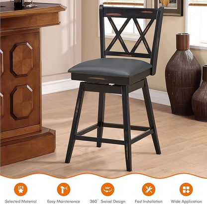 COSTWAY Bar Stool Set of 2, 360 ° Swivel Counter Height 25 inch Bar Stool with Foot Rest Upholstered Cushion & Ergonomic Backrest, Sturdy Frame, for Pub, Restaurant, Home (2, Black + Grey)