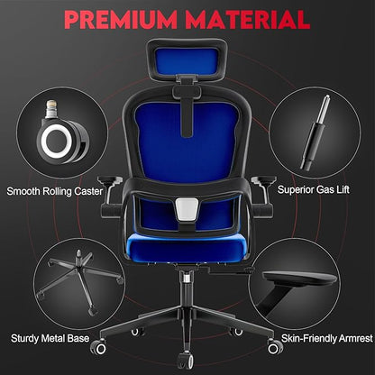 Ergonomic Office Chair - 400LB Comfy Desk Chairs with Adjustable Headrest and Lumbar Back Support, Mesh Computer Chairs with Wheels and Arms for Home Office, Study, Bedroom and Dorm (01blue)