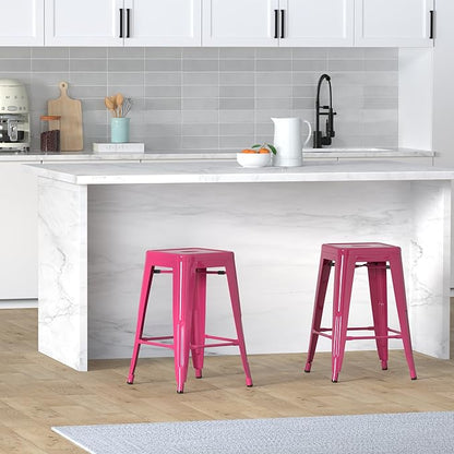Vogue Furniture Direct 24 Inch Metal Bar Stools, Backless Counter Height Barstools, Indoor Outdoor Stackable Stools with Square Seat, Set of 2 (Hot Pink)