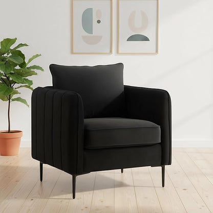 Velvet Accent Chair, Comfy Upholstered Single Sofa Chair Mid-Century Modern Armchair with Thick Cushion and Wood Frame Side Chair for Living Room Bedroom Apartment (Black)