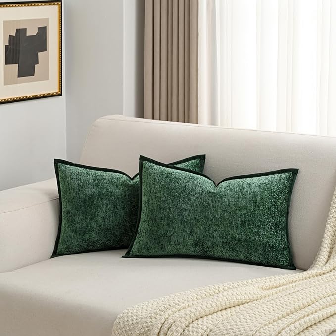 FUTEI Christmas Dark Green Chenille Throw Pillow Covers 12x20 Inch Set of 2,Soft Cozy Bound Edge Design Lumbar Pillow Cases,Home Decor for Couch Bed Living Room