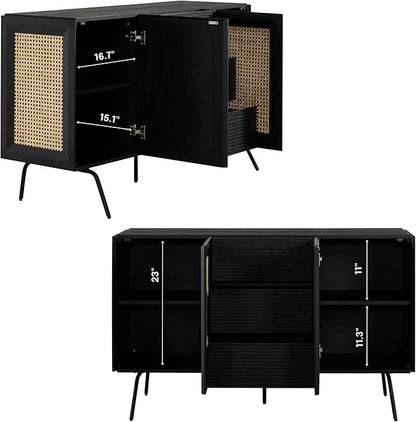 NTC MOSSIC Sideboard with 2 Doors and 3 Drawers, Buffet Cabinet with Natural Rattan and Metal Legs, Modern Storage Cabinet for Living Room, and Hallway, Effortless Assembly - Burnt Black