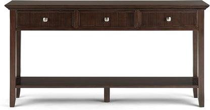 SIMPLIHOME Acadian Console Table - 60 Inch Wide Solid Wood Sofa Table in Brunette Brown, Transitional Storage Table for Entryway or Living Room with 3 Drawers and Open Bottom Shelf