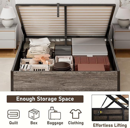 Lift Up Storage Bed Frame, Full Size Wooden Platform Bed with Large Storage Underneath, No Box Spring Needed, Noise Free, Rustic Grey
