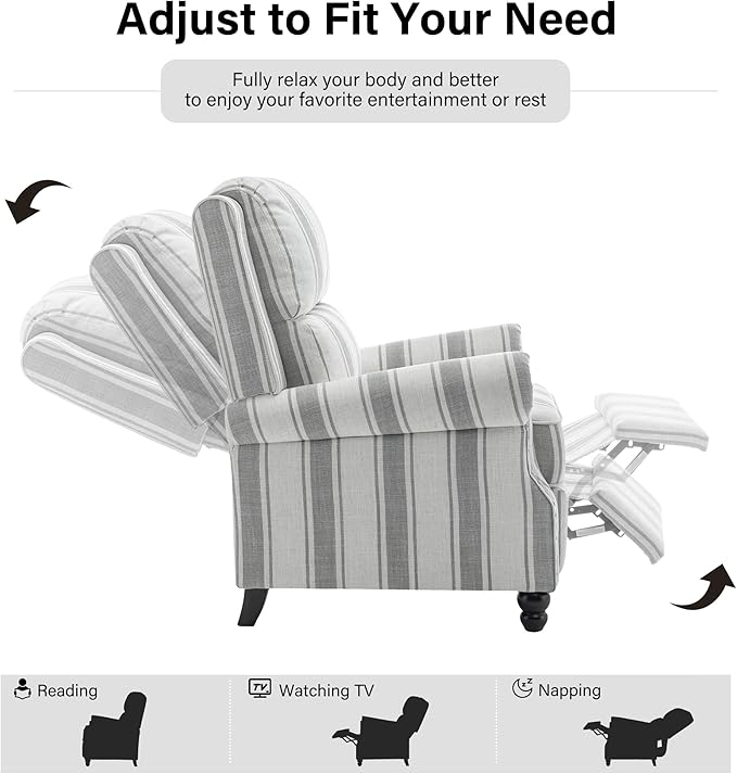 Recliner Chair, Modern Pushback Armchair with Adjustable Backrest & Footrest for Bedroom, Living Room-Grey Stripe,1 SEAT