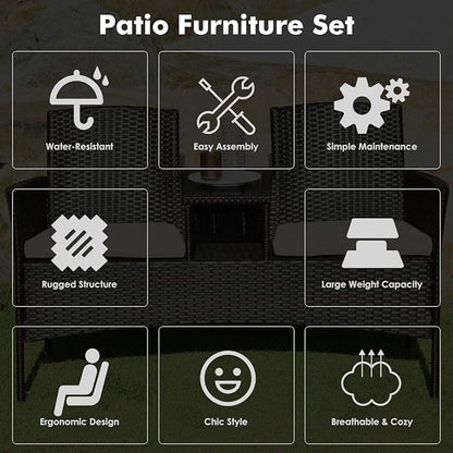 COSTWAY 2-Seat Patio Conversation Sets, Outdoor Patio Loveseat Set with Removable Cushions & Built-in Coffee Table for Backyard, Garden, Lawn, Balcony, Brown+Beige