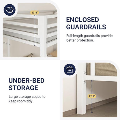 Allewie Metal Bunk Bed Twin Over Full Size for Junior & Adults with Ladder and Heavy Duty Guardrail, Small Space Saving Design for Bedroom Kid Room and Dorm, White