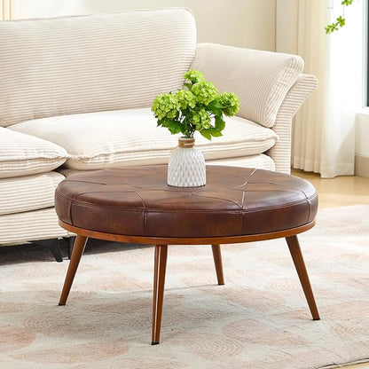 Round Ottoman Coffee Table, Large Faux Leather Cushioned Footstool Ottoman,Stationary Ottomans, Backless Chair, Footrest for Living Room, Bedroom, Padded Seat, Brown